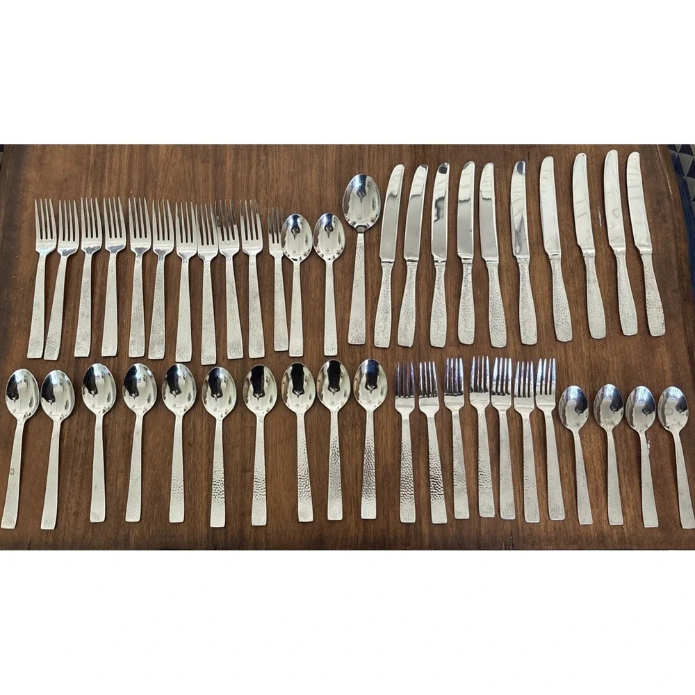 Godinger Castello Hammered Stainless Flatware Knives Forks Spoons - Lot Of 45
